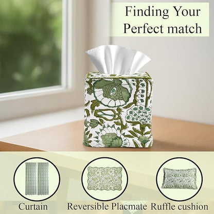 CPC Agate Green Hand Block Printed Cotton Tissue Box Cover 5" x 5" x 5.5" Square Soft Reusable Boho Napkin Holder for Home Kitchen Dining Bathroom Office Cafe Spa Summer Thanksgiving