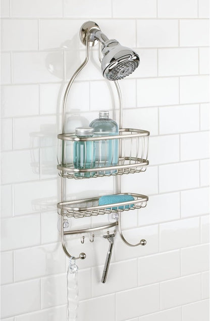iDesign York Metal Wire Hanging Shower Caddy, Extra Wide Space for Shampoo, Conditioner, and Soap with Hooks for Razors, Towels, and More, 9.75" x 4" x 22", Satin Silver