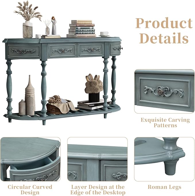 HMFULE Retro Curved Console Table, 52" Solid Wood Half Moon Console Table Sofa Table with 4 Drawers 1 Open Shelf for Living Room,Entryway,Hallway,Antique Blue