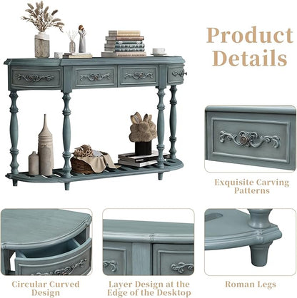 HMFULE Retro Curved Console Table, 52" Solid Wood Half Moon Console Table Sofa Table with 4 Drawers 1 Open Shelf for Living Room,Entryway,Hallway,Antique Blue