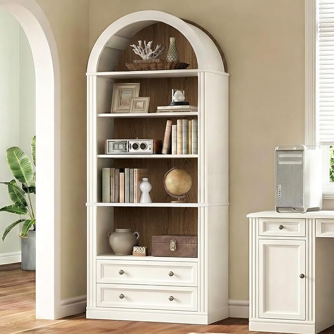 Farmhouse Arched Bookshelf Set of 2, 7 Tiers Arch Bookcase with 2 Spacious Drawers, Modern Book Shelf with Open Display Shelves and Storage Cabinet, for Office, Living Room, Walnut and White