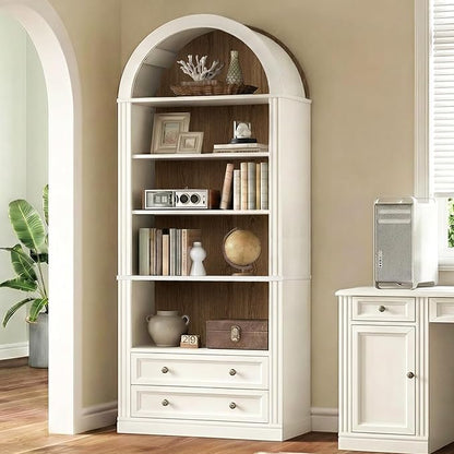 Farmhouse Arched Bookshelf, 7 Tiers Arch Bookcase with 2 Spacious Drawers, Modern Book Shelf with Open Display Shelves and Storage Cabinet, for Office, Living Room, Kitchen, Walnut and White