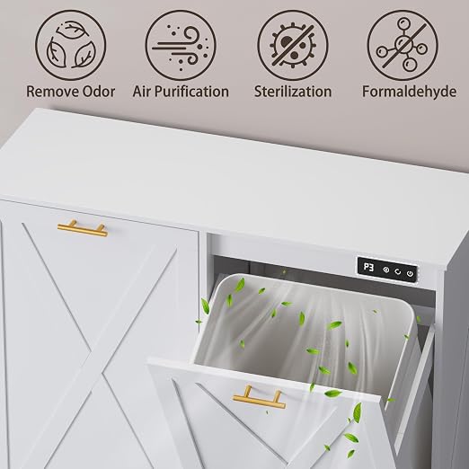 Double Tilt Out Trash Can Cabinet, Wooden Farmhouse Kitchen Garbage Bin Enclosure with Negative Ion Odor Control, Hidden Dog Proof Trash or Laundry Basket Storage for Laundry Room, White