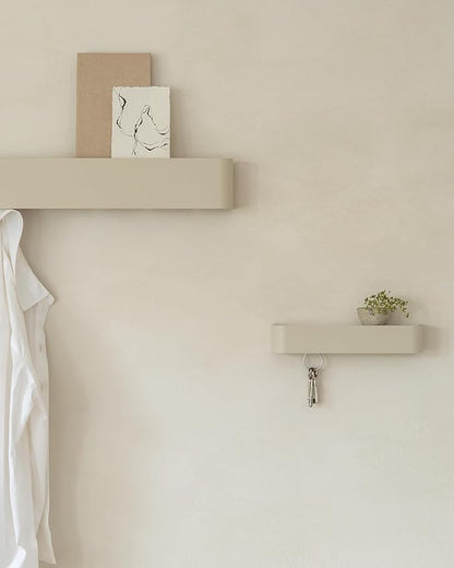 Kazai.® Coat Rack Wall Mount with Shelf 'Tone' | Modern Design Coat Hanger with Hidden Hooks and Storage | Hat Rack with Shelf in Metal | Wall-Mounted Purse Organizer | Taupe