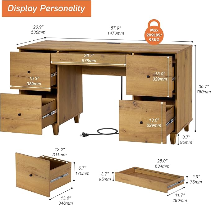 WAMPAT Executive Desk with 4 Deep Drawers, 58 Inch Modern Wooden Office Desk with Charging Station & Keyboard Tray, Home Office Large Computer Desk, Work & Study Writing Desk, Oak Brown