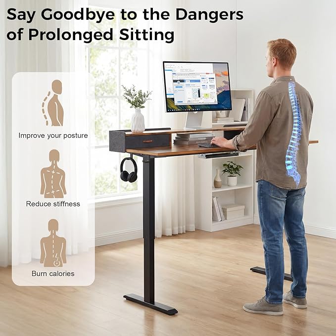 Electric Standing Desk with Drawers, 63 Inch Height Adjustable Desk with Power Outlets & LED Lights, Sit Stand Table with Monitor Stand for Home, Office, Rustic Brown