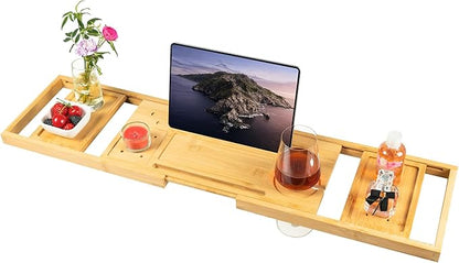 Utoplike Bamboo Bathtub Tray Caddy for Tub, Adjustable Bath Tray Bathroom Organizer with Book Tablet Wine Glass Cup and 2 Sliding Towel Holder