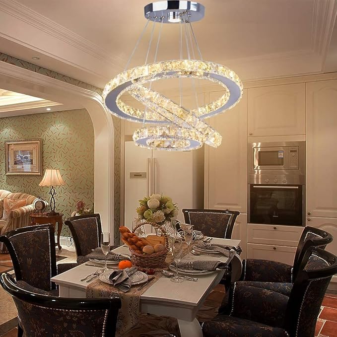 Modern LED Crystal Chandeliers 3 Ring Round Pendant Lighting Fixtures DIY Stainless Steel Ceiling Lamp Hanging Lights for Living Room Dining Room Bedroom Kitchen (Warm Light)