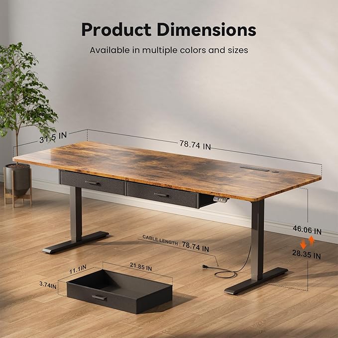 HLDIRECT Electric Standing Desk, Extra Large 79 x 31.5 Inches Height Adjustable Table with Outlets, Sit Stand Computer Desk with Drawers for Home Office, Ergonomic Rising Workstation, Rustic Brown