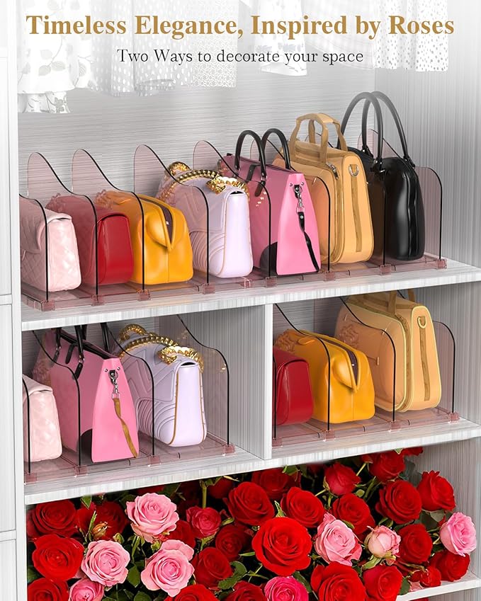 Rose Purse Dividers for Closet, 2 Pack Clear Clutch Purse Closet Organizers, Adjustable Handbag Storage Organizers, Plastic Bookshelf Separator Dividers for Bedroom Office