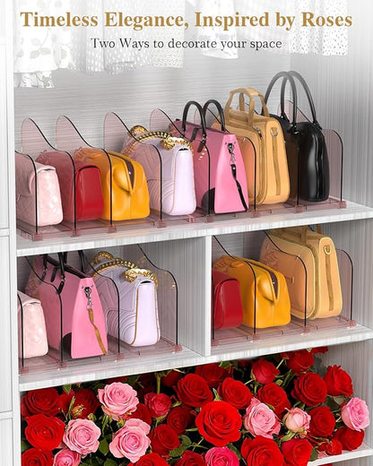 Rose Purse Dividers for Closet, 2 Pack Clear Clutch Purse Closet Organizers, Adjustable Handbag Storage Organizers, Plastic Bookshelf Separator Dividers for Bedroom Office