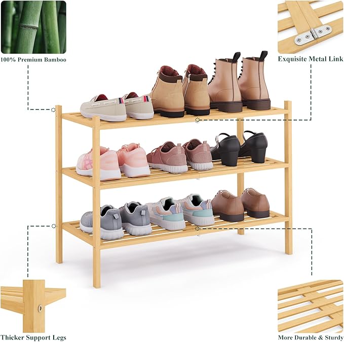 Smiry Bamboo Shoe Rack 3-Tier, Stackable Wooden Shoe Organizer for Entryway & Closet, Free Standing Wood Shoe Storage Shelf for Front Door & Small Spaces, Natural