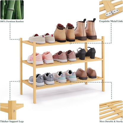 Smiry Bamboo Shoe Rack 3-Tier, Stackable Wooden Shoe Organizer for Entryway & Closet, Free Standing Wood Shoe Storage Shelf for Front Door & Small Spaces, Natural