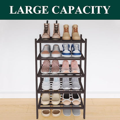 Smiry Small Bamboo Shoe Rack 5-Tier, Stackable Wooden Shoe Organizer for Entryway & Closet, Free Standing Wood Shoe Storage Shelf for Front Door & Small Spaces, Brown