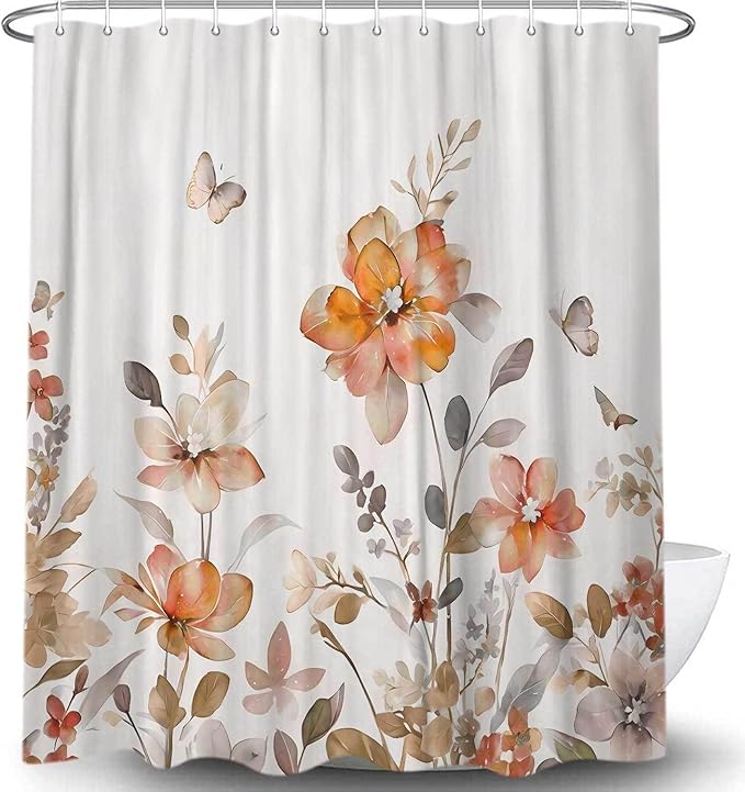 Orange Floral Shower Curtain, Orange Lavender Floral Butterfly Boho Shower Curtains for Bathroom, Farmhous Flower Cute Fabric Shower Curtain Set with 12PCS Hooks, 70X75IN