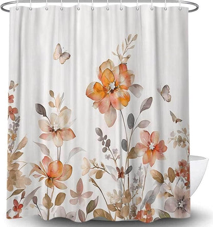 Orange Floral Shower Curtain, Orange Lavender Floral Butterfly Boho Shower Curtains for Bathroom, Farmhous Flower Cute Fabric Shower Curtain Set with 12PCS Hooks, 70X75IN