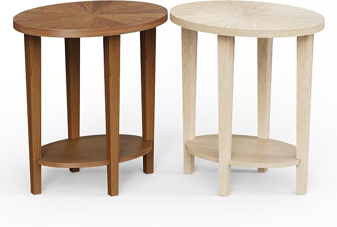 Solid Wood Oval Accent End Table, Farmhouse Sofa Side Table, 2 Tier Beside Corner Table with Storage Shelf for Living Room, Bedroom Easy Assembly