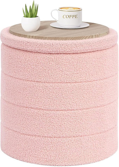 PINPLUS Round Storage Ottoman Foot Rest Stool with Tray Velvet Sherpa Folding Storage Ottoman,Boucle Foot Rest for Living Room, Bedroom, Dorm,Pink Color