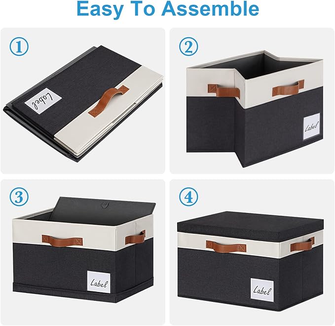 PFFVRP Large Storage Bins with Lids, Foldable Fabric Storage Baskets with Lids, Sturdy Storage Boxes with Labels and 3 PU Handles for Closet Home Bedroom Office (3 Packs, Black&White)