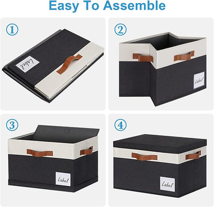 PFFVRP Large Storage Bins with Lids, Foldable Fabric Storage Baskets with Lids, Sturdy Storage Boxes with Labels and 3 PU Handles for Closet Home Bedroom Office (3 Packs, Black&White)