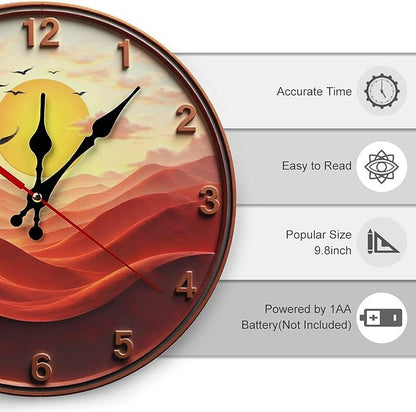 Wall Clock， Sunset Desert Landscape Non Ticking Wall Clocks Battery Operated， Red Wooden Wall Clocks for Kitchen， Living Room， Bedroom， Office， Bathroom Decorative 25 * 25cm