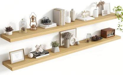 Acovy 72 Inch Floating Shelves, 8 Inch Deep Floating Shelves for Wall, Hanging Shelf with Invisible Brackets, Deep Shelves for Bathroom, Bedroom, Living Room, Oak, Set of 2