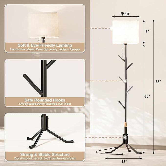 Coat Rack Freestanding Coat Tree with Floor Light, Metal Tall Entryway Coat Stand with 5 Hooks, Slim Modern Black Coat Hanger for Bedroom, Hallway, Office and Small Spaces