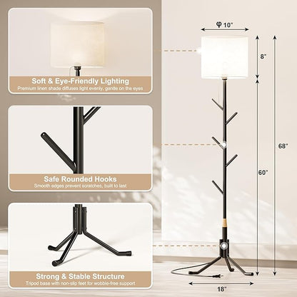 Coat Rack Freestanding Coat Tree with Floor Light, Metal Tall Entryway Coat Stand with 5 Hooks, Slim Modern Black Coat Hanger for Bedroom, Hallway, Office and Small Spaces