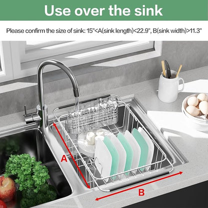 Fanbsy Large Dish Drainer Rack in Sink Adjustable, Expandable 304 Stainless Steel Metal Dish Drying Rack Organizer with Stainless Steel Utensil Holder Over Inside Sink Counter, Rustproof