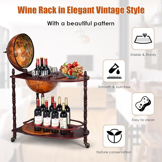 LDAILY Globe Bar, 34.5”Wood Wine Bar Stand with Wheels, Bottom Shelf & Old World Map, 16 Century Italian Replica Globe Bar Liquor Cabinet, Large Capacity Bar Cart for Home, Restaurant, Party