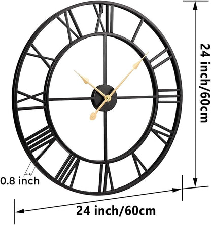 Vantic 24 Inch Large Wall Clock, Roman Numeral Metal Oversized Wall Clocks for Living Room Decor, Bedroom and Kitchen, Completely Silent, Non Ticking, Battery Operated