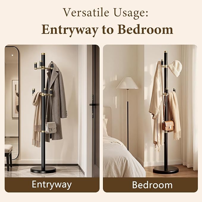 Solid Wood Freestanding Coat Rack with 6 Gold Metal Hooks, Heavy-Duty Freestanding Coat Stand for Coats, Hats, and Bags, Coat Racks for Bedroom, Entryway, and Living Room (Black)
