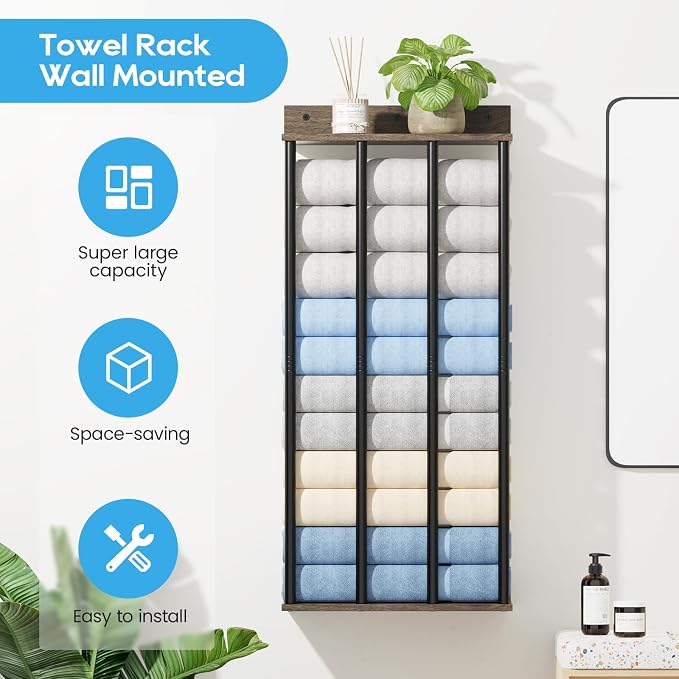 Towel Racks for Bathroom Wall Mounted, Updated 4 Bar Wall Towel Holder | Large Bathroom Towel Storage Rack for Rolled Towels, Modern Metal Towel Organizer Shelf with Wooden Storage Shelf