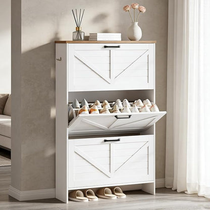 Nicetree Shaker Barn Door Shoe Storage Cabinet for Entryway, 3 Flip Drawers & 3-Tier Adjustable Shelves, Ultra Slim Freestanding, Modern Rustic Brushed White Farmhouse Shoe Rack for Hallway, Foyer