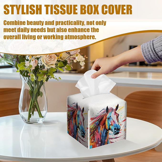Colorful Horse Tissue Box Cover 2PCS, Animals Leather Tissue Box Holder Square Facial Paper Case Tissue Box Cube Organizer for Bathroom Bedroom Desk Office