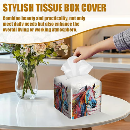 Colorful Horse Tissue Box Cover 2PCS, Animals Leather Tissue Box Holder Square Facial Paper Case Tissue Box Cube Organizer for Bathroom Bedroom Desk Office