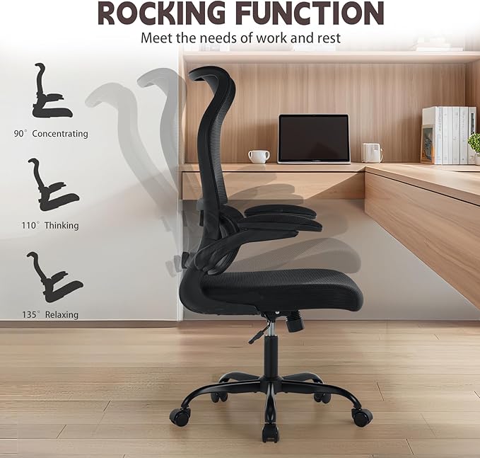Ergonomic Office Chair, High Back Breathable Mesh Computer Desk Chair with Adjustable Lumbar Support and Flip-Up Armrests, 300LB Capacity Executive Swivel Task Gaming Seat for Home and Office (Black)