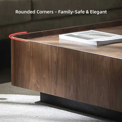 Luxury Wood Coffee Table with Hidden Drawer, Easy Installation Square Center Table for Living Room, Raised Edge Design, Premium Walnut Finish (39.37" Square Coffee Table)