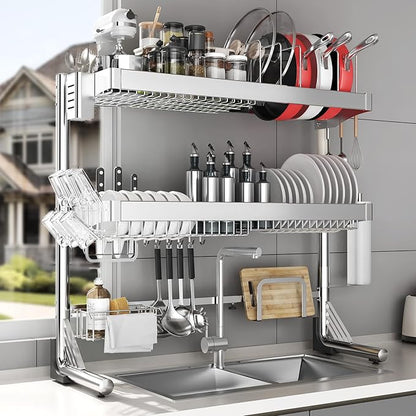 Over The Sink Dish Drainer Drying Rack 3 Tier, Full Stainless Steel Dish Drying Rack Adjustable Length 20.9''-37.4'' , Kitchen Sink Shelf, Organized Space-Saving Dish Rack with Pots and Pans Rack
