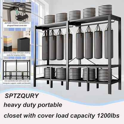 59.1in Heavy Duty Portable Closet with Cover 2000Ibs Foldable Covered Clothes Rack for Hanging Armoire Wardrobe Closet System Freestanding Coat Storage Garment Racks (Grey, 59.1in/150cm)
