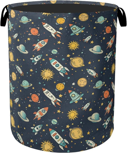 Cartoon Planet Space Foldable Canvas Laundry Basket with Handles - Toy Organizer, Heavy Duty for Home，Bedroom, Dorm, Bathroom