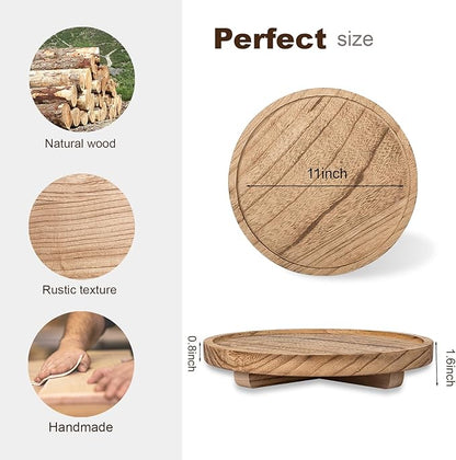 Round Decorative Tray Wood Bathroom Counter Organizer Farmhouse Kitchen Decor Wooden Riser for Soap Dish, Perfume, Candle, Sponge, 11" - Brown