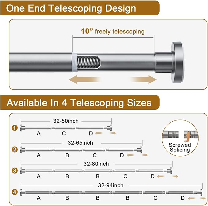 Ausemku Shower Curtain Rod 32-65 Inch Adjustable - 1 Inch Diameter Heavy Duty No drill Spring Tension Shower Rod, Non-Slip Rustproof Telescopic Rod for Bathroom, Nickel