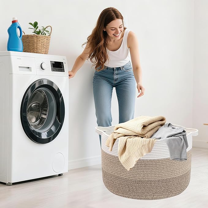 65L Large Blanket Basket,Woven Rope Laundry Basket Hamper with Handles,Decorative Nursery Basket Storage Bin for Toys, Pillows, Clothes Organizer, Living Room, Bedroom, Bathroom, Brown