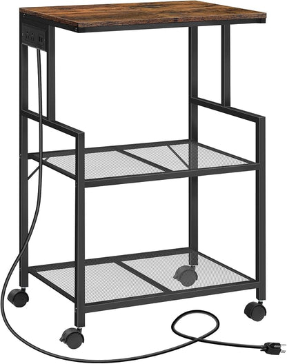 MAHANCRIS Mobile Printer Stand, 3-Tier Industrial Printer Cart with Power Outlets and 2 USB Ports, Rolling Printer Table on Wheels for Home Offices Kitchen Organization Rack, Rustic Brown PTHR78E01