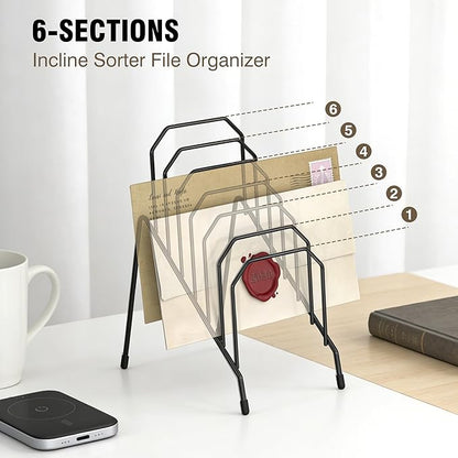 Incline Desk Magazine Folder Holder, Metal Sorter Desk File Organizer with 6-Section Compartments Rack File Organizer for Office, Home, School (4 Pack)