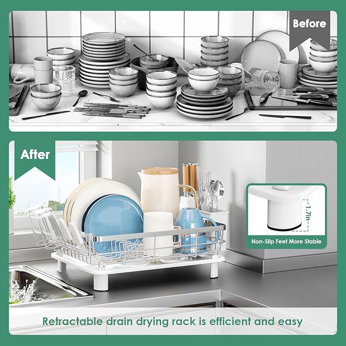 MOUKABAL Dish Drying Rack, Dish Rack, Stainless Steel Dish Racks for Kitchen Counter, Dish Drainer with Removable Utensil Holder, Drainboard (White,Stainless Steel,13''W x 17''L)