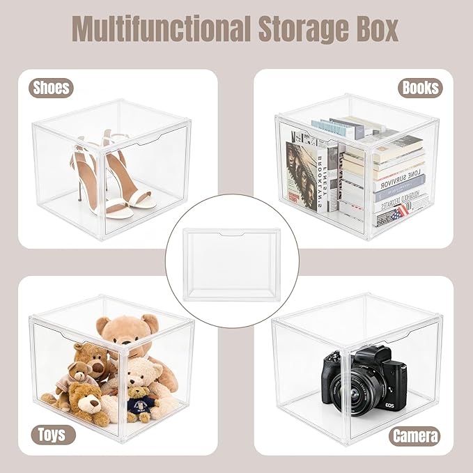 3Pack Purse Organizer for Closet Clear Acrylic Display Case Handbag Storage Organizer Box with Magnetic Door Stackable Storage Bins with Dustproof Lid for Book Toys Shoes Cosmetic Collectibles