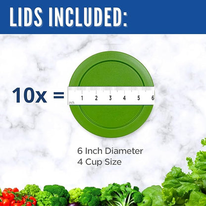 Replacement Lids fits Pyrex 4-Cup Glass Food Storage Container Bowls, 6-Inch Plastic Round Lids Covers for Pyrex 7201-PC, Airtight & Leakproof (10-Pack, Green)