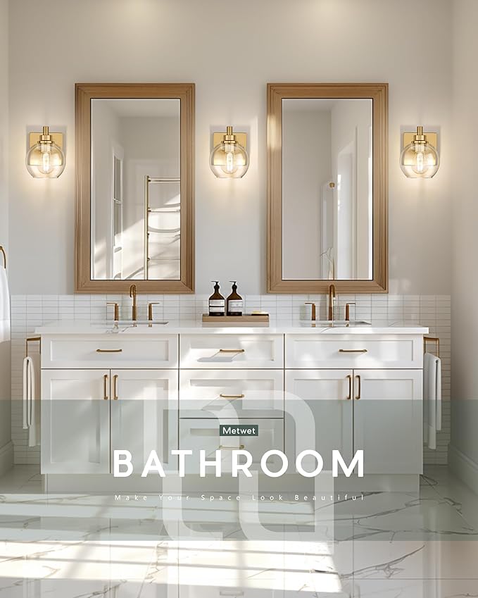 Wall Sconces Set of 2, 1-Light Brushed Gold Sconces Wall Lighting with Globe Clear Glass Shade, Modern Bathroom Vanity Light Fixtures for Mirror Bedroom Living Room, VL195-BG-CL-1-2PK